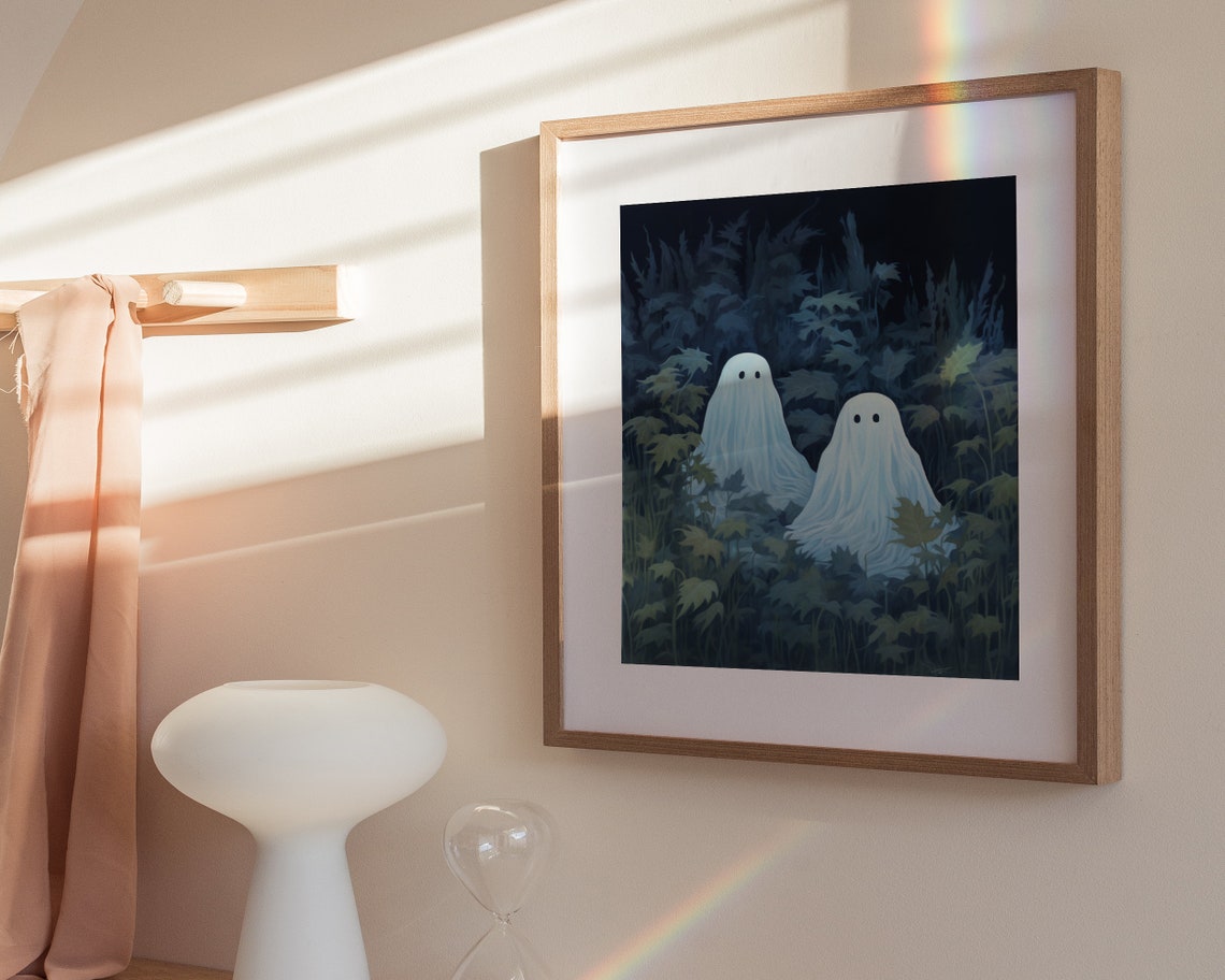 Cute Ghost Duo In Dark Moonlit Field Spooky Halloween Art Poster - Image 3