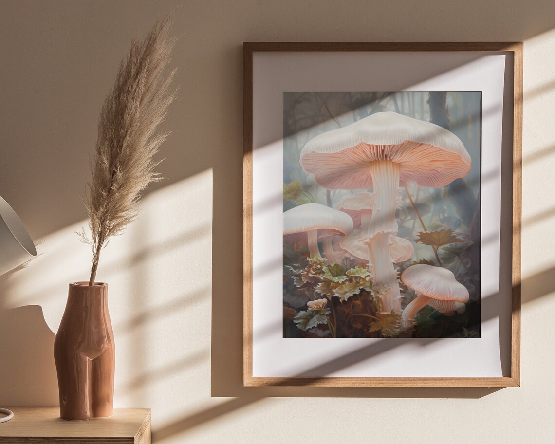 Giant Blush Mushrooms in Foggy Woodland Fairytale Forest Painting Poster - Image 4