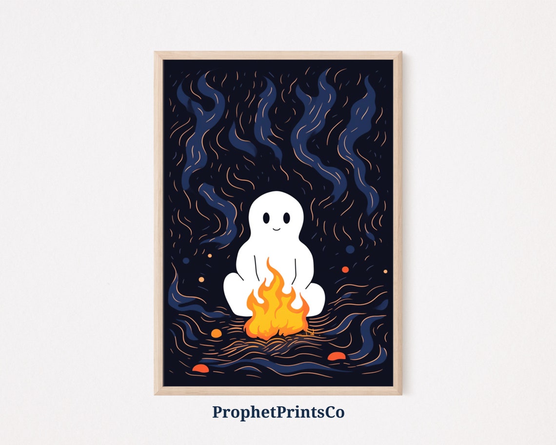 Cute Ghost Warming Hands Over Campfire Night Forest Art Poster