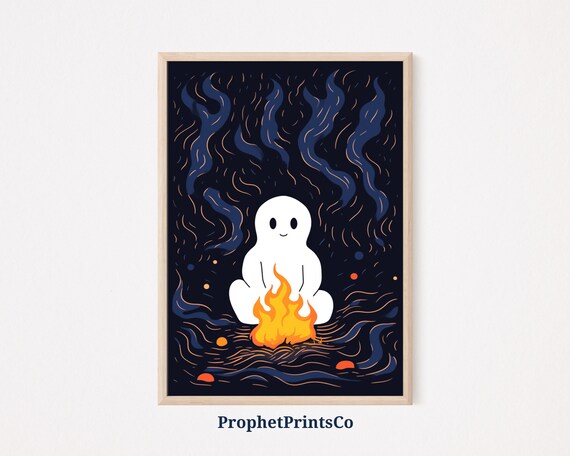 Cute Ghost Warming Hands Over Campfire Night Forest Art Poster