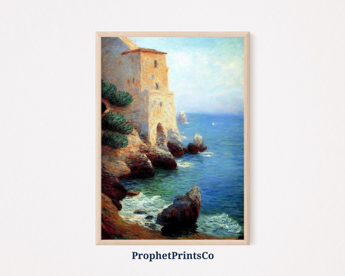 Stone Tower on a Rocky Coast Above the Blue Sea Painting Poster