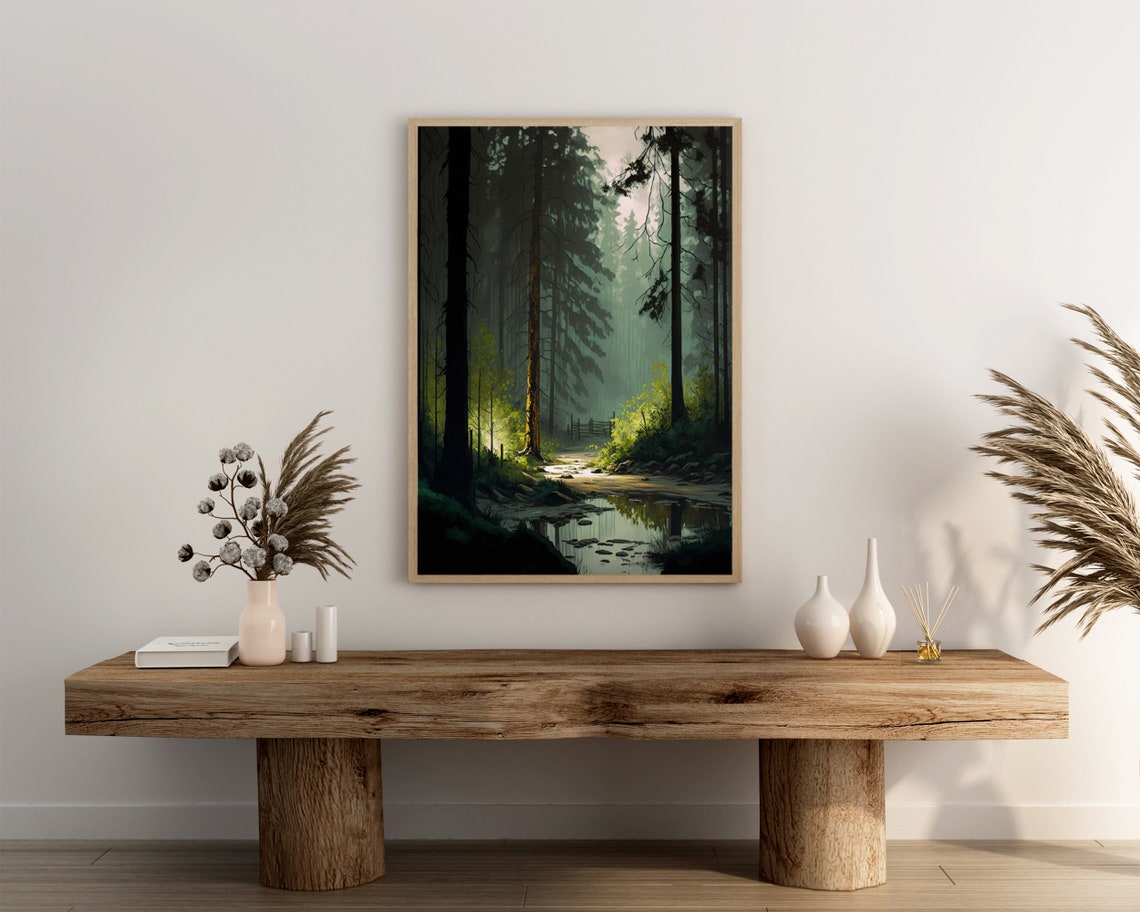 Rustic Forest Oil Painting Print Pine Tree Wall Art Nature Lover Gift Foggy Forest Home Dcor Wall Art Digitial - Image 3