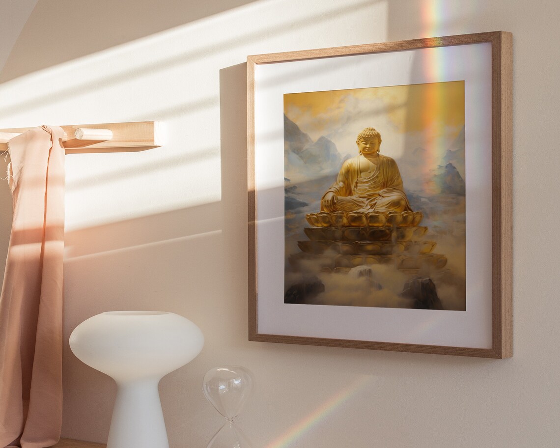 Golden Buddha Lotus Throne Mountain Mist Spiritual Painting Poster - Image 3