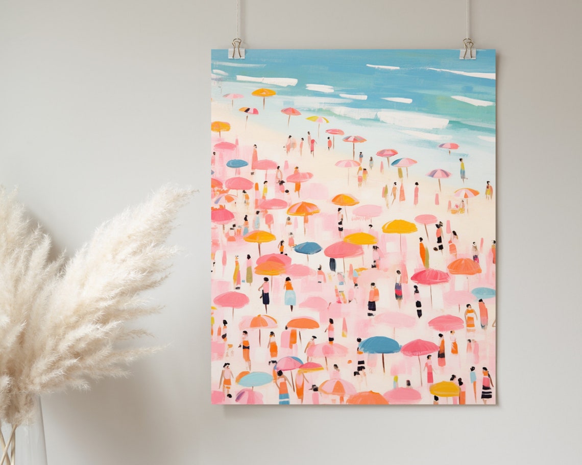 Pink Beach With Colorful Umbrellas Crowded Summer Shoreline Art Poster - Image 2
