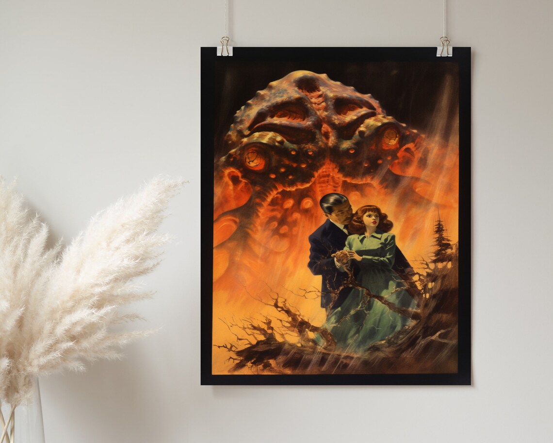 Retro Horror Movie Couple Fleeing Giant Fire Monster Art Poster - Image 2