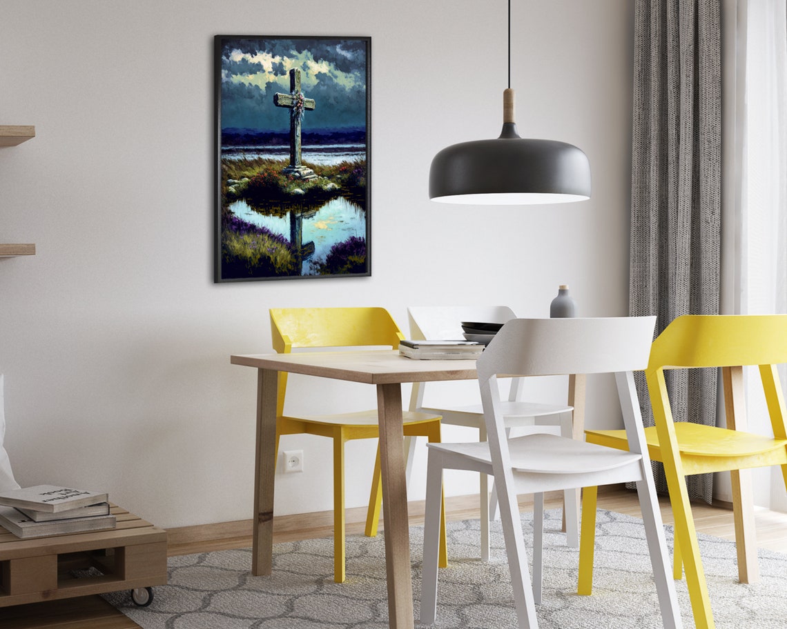 Stone Cross Reflected in Marsh Pond Under Stormy Sky Art Poster - Image 2