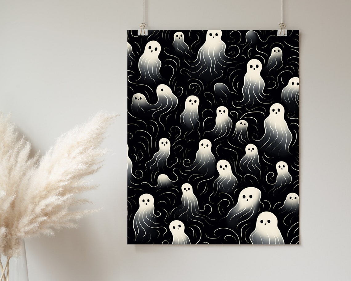 Spooky Ghosts With Smoky Swirls On Black Halloween Art Poster - Image 2