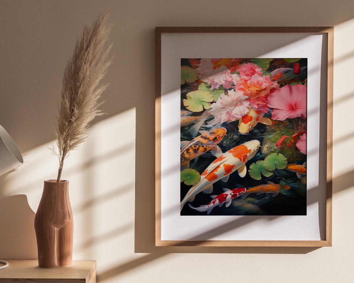 Koi Fish Swimming Beneath Soft Pink Lotus Blossoms Art Poster - Image 4
