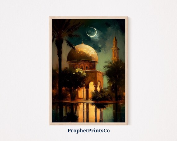 Golden Dome Mosque With Palm Trees Under a Crescent Moon Poster