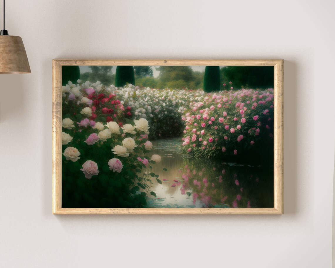 White Pink Rose Garden Path Romantic Floral Oil Painting Poster - Image 2