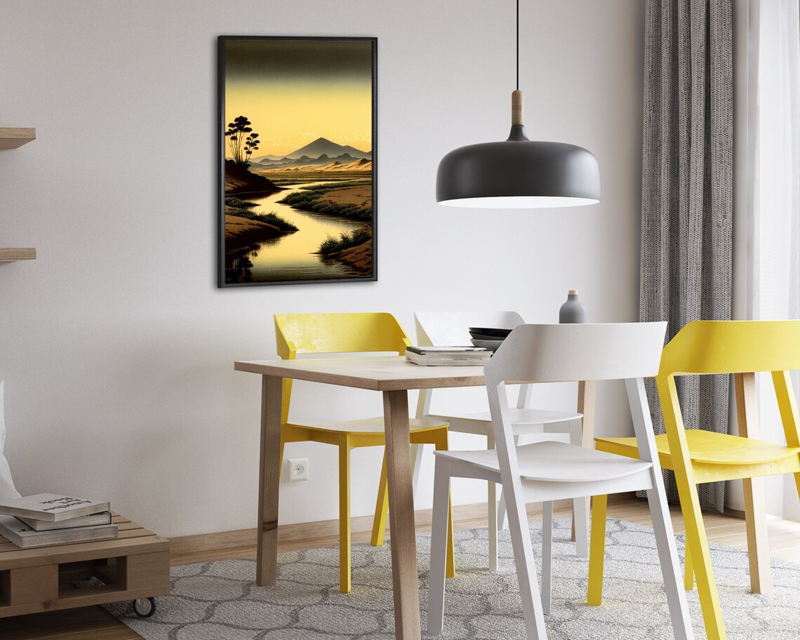 Golden Mount Fuji at Sunset Japanese Woodblock River Scene Poster - Image 2