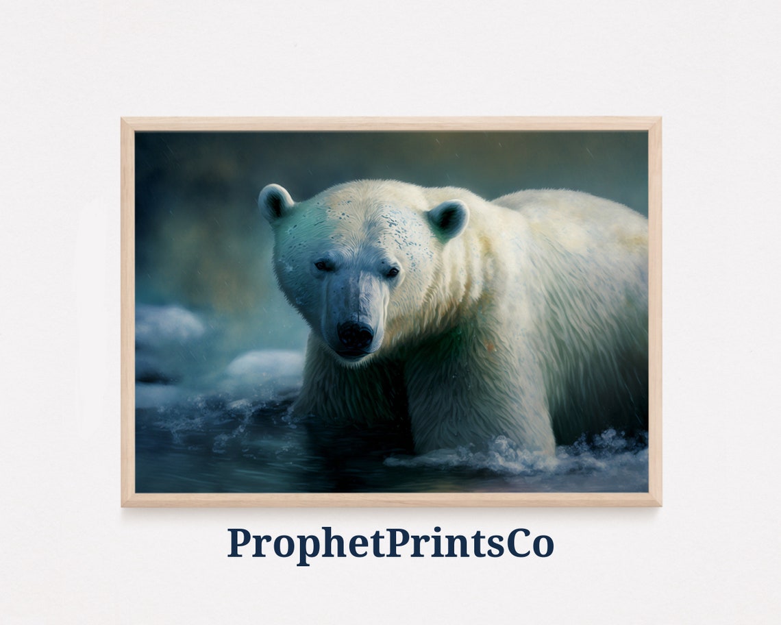Striking Polar Bear Wading in Dark Water Wildlife Art Poster