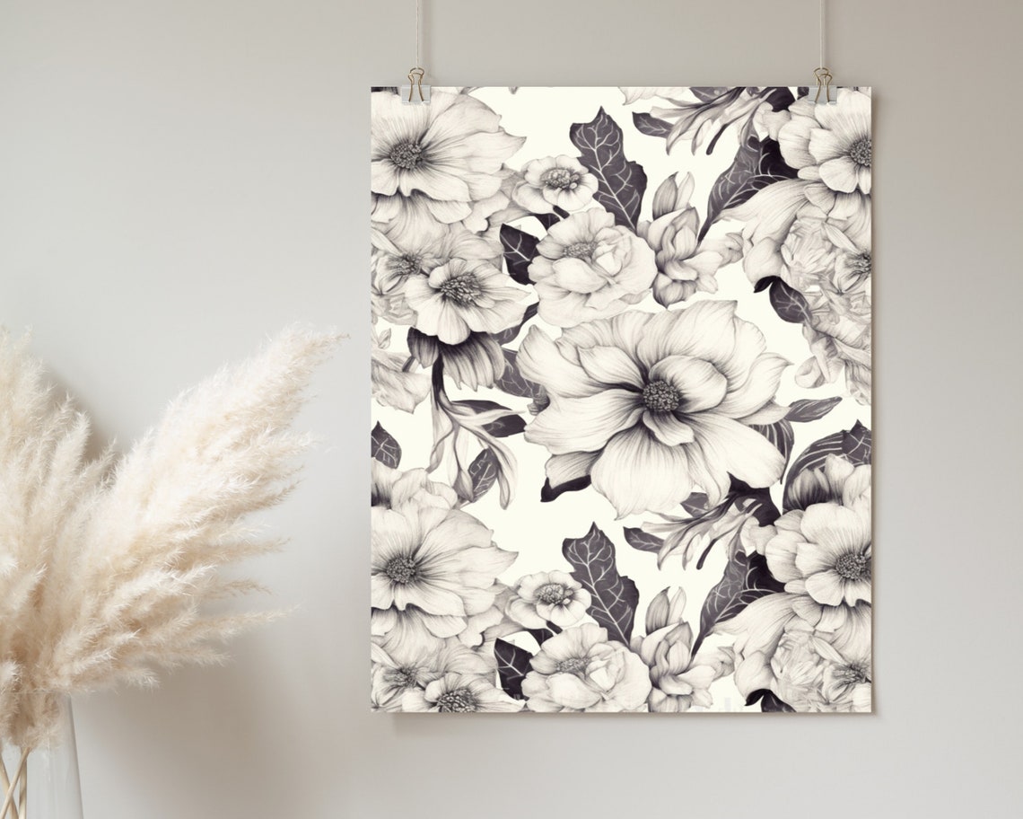 Grey Floral Sketch Pattern on Cream Vintage Botanical Poster - Image 2