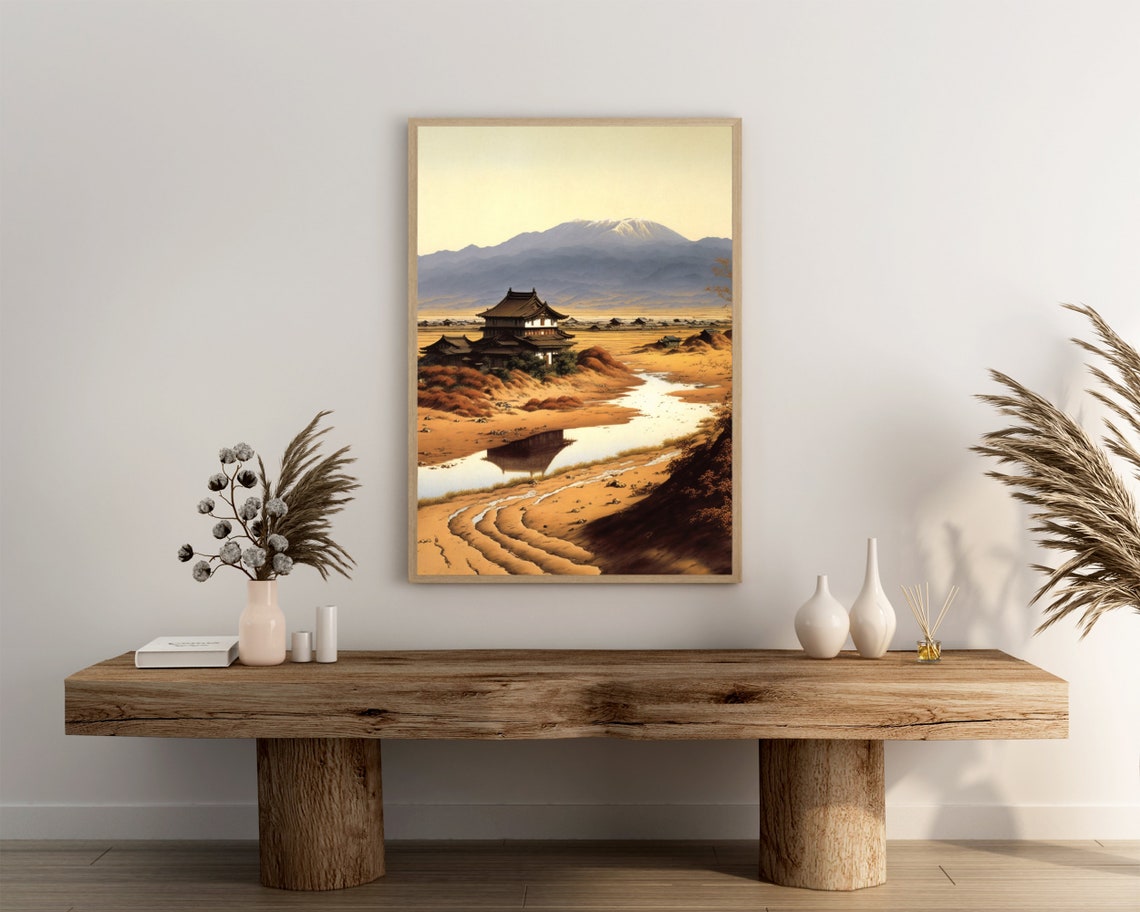 Serene Japanese Temple by River With Snow Mountain Behind Poster - Image 3