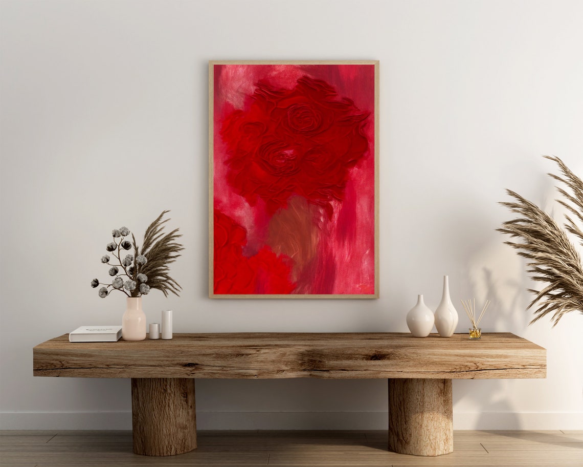 Dramatic Bold Red Roses Bouquet Monochrome Impasto Floral Poster - Image 3