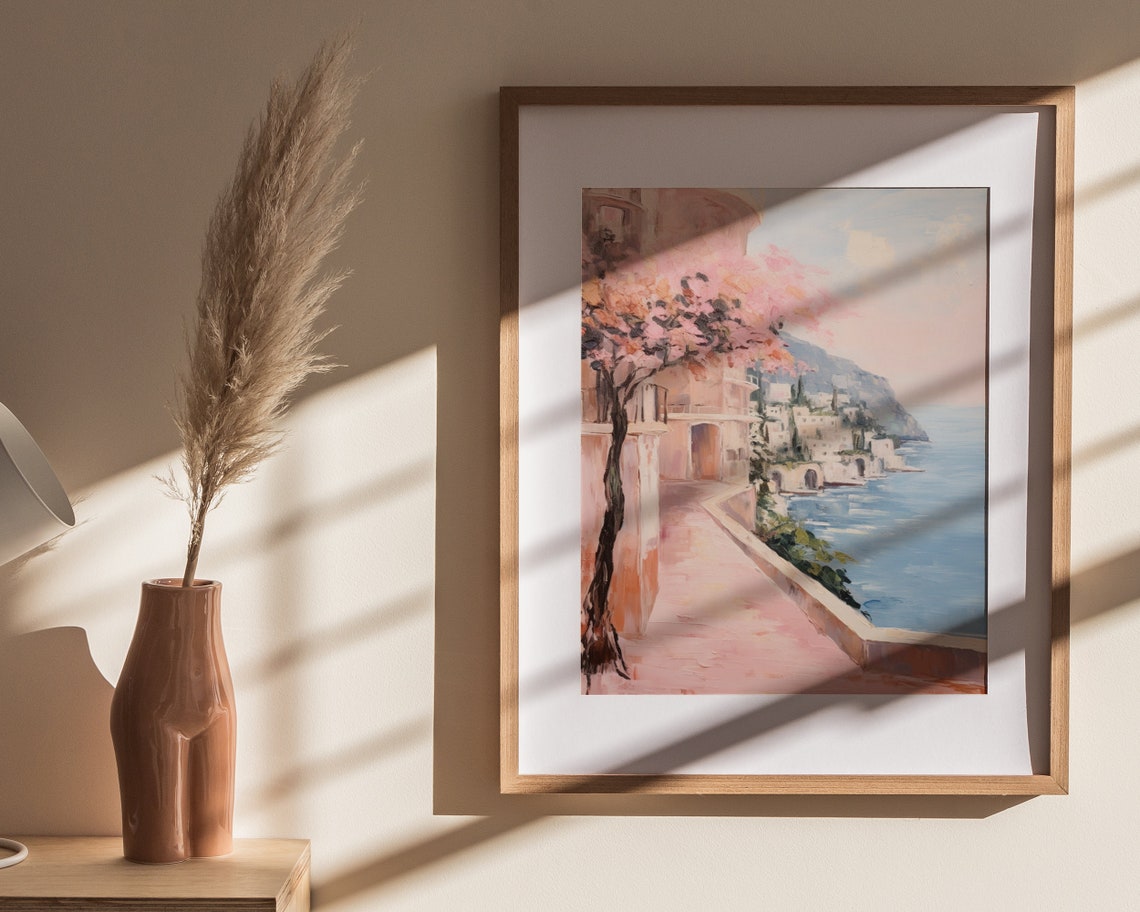 Amalfi Coast Pink Blossom Tree Seaside Walkway Painting Poster - Image 4