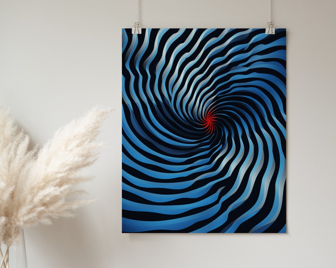 Blue Swirl Optical Illusion Vortex With Red Center Op Art Poster - Image 2