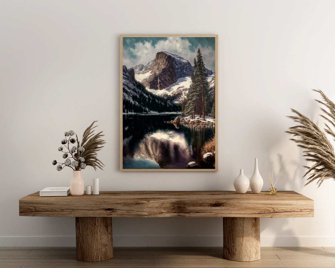 Winter Mountain Lake Snowy Pines Still Water Reflection Nature Art Poster - Image 3