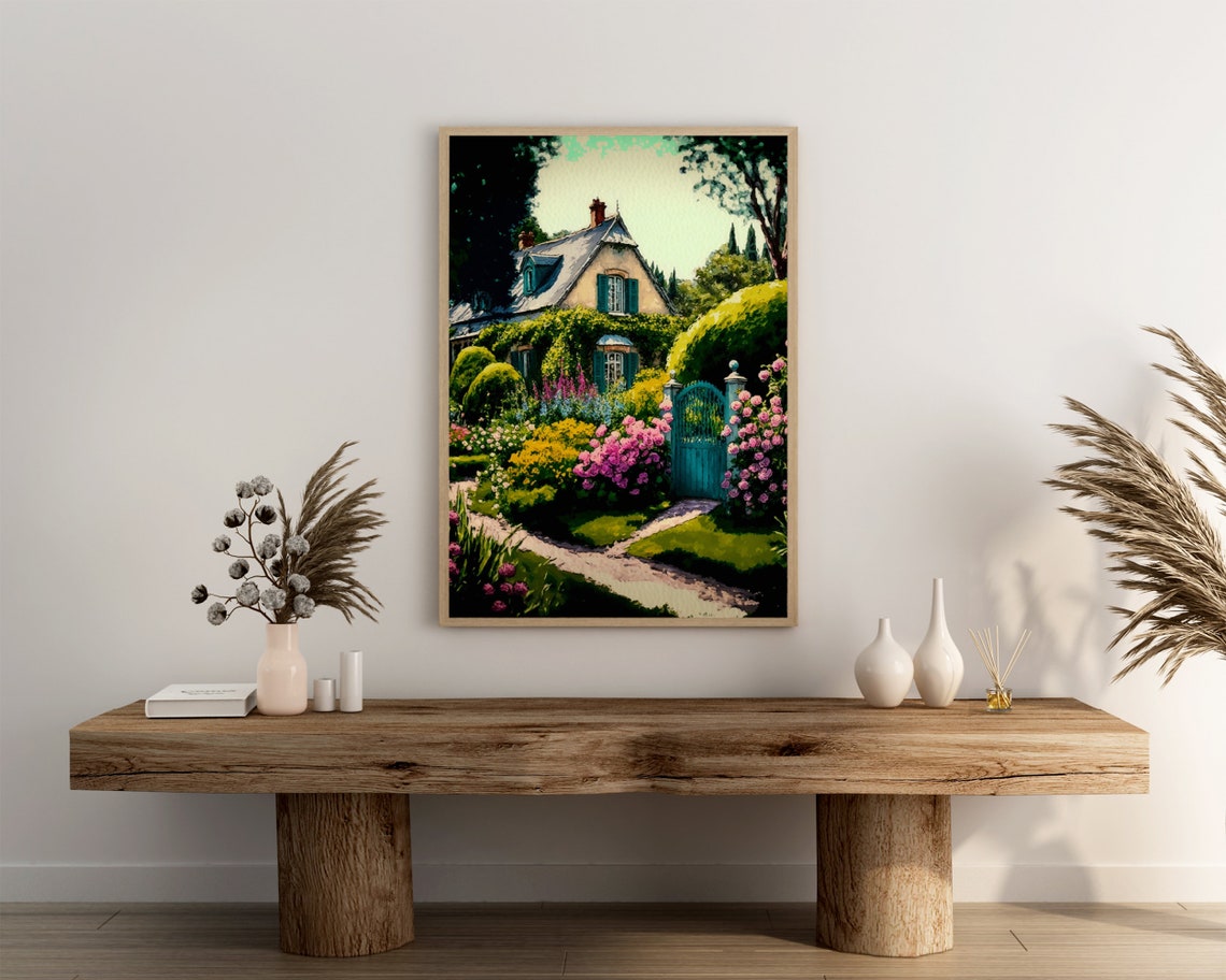 French Cottage Garden Poster Blue Gate and Roses Pastel Flower Design - Image 3