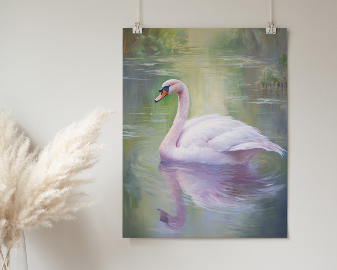 White Swan Green Pond Soft Pastel Classical Oil Painting Poster - Image 2