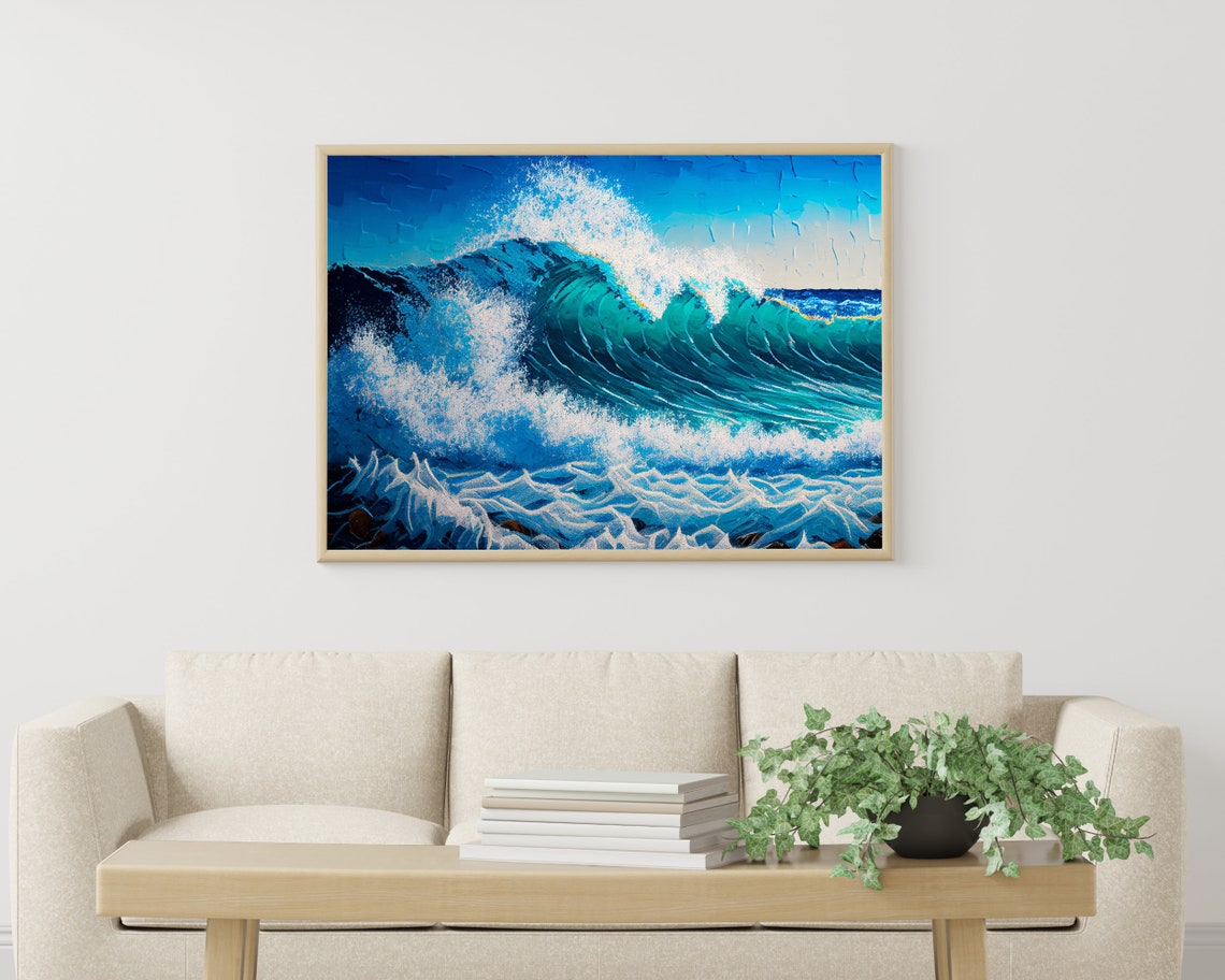 Big Teal Wave With White Spray Textured Impasto Ocean Art Poster - Image 3