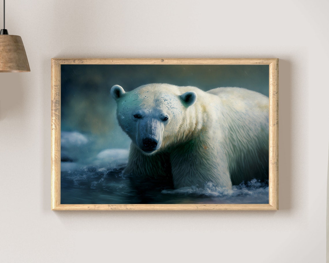 Striking Polar Bear Wading in Dark Water Wildlife Art Poster - Image 2