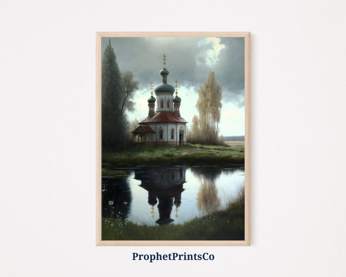 Orthodox Chapel Blue Domes Golden Crosses Lake Reflection Poster