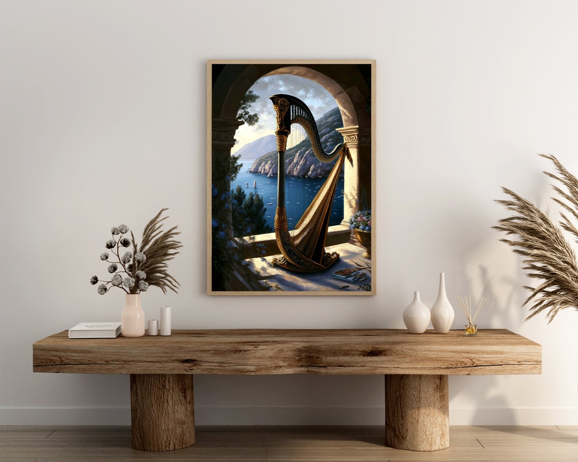 Golden Harp on Stone Terrace Overlooking Coastal Bay View Art Poster - Image 3