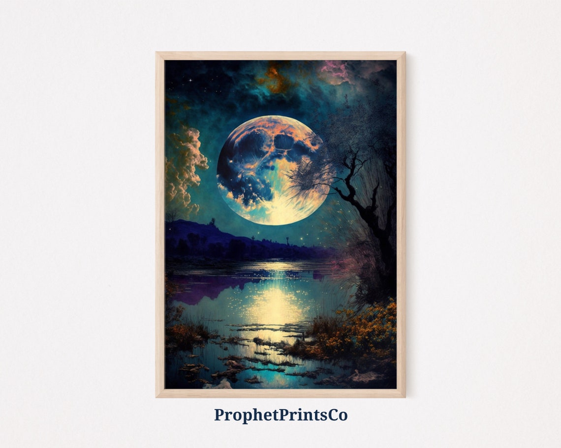 Vibrant Giant Cosmic Moon Glowing Over Surreal Night Waters Poster