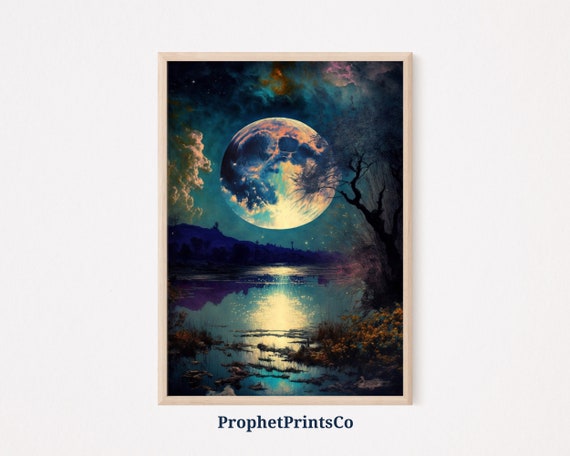 Moon Landscape Poster Print Vintage Oil Painting Wall Art Lunar Lover Gift Moon Home Dcor Wall Art Digitial