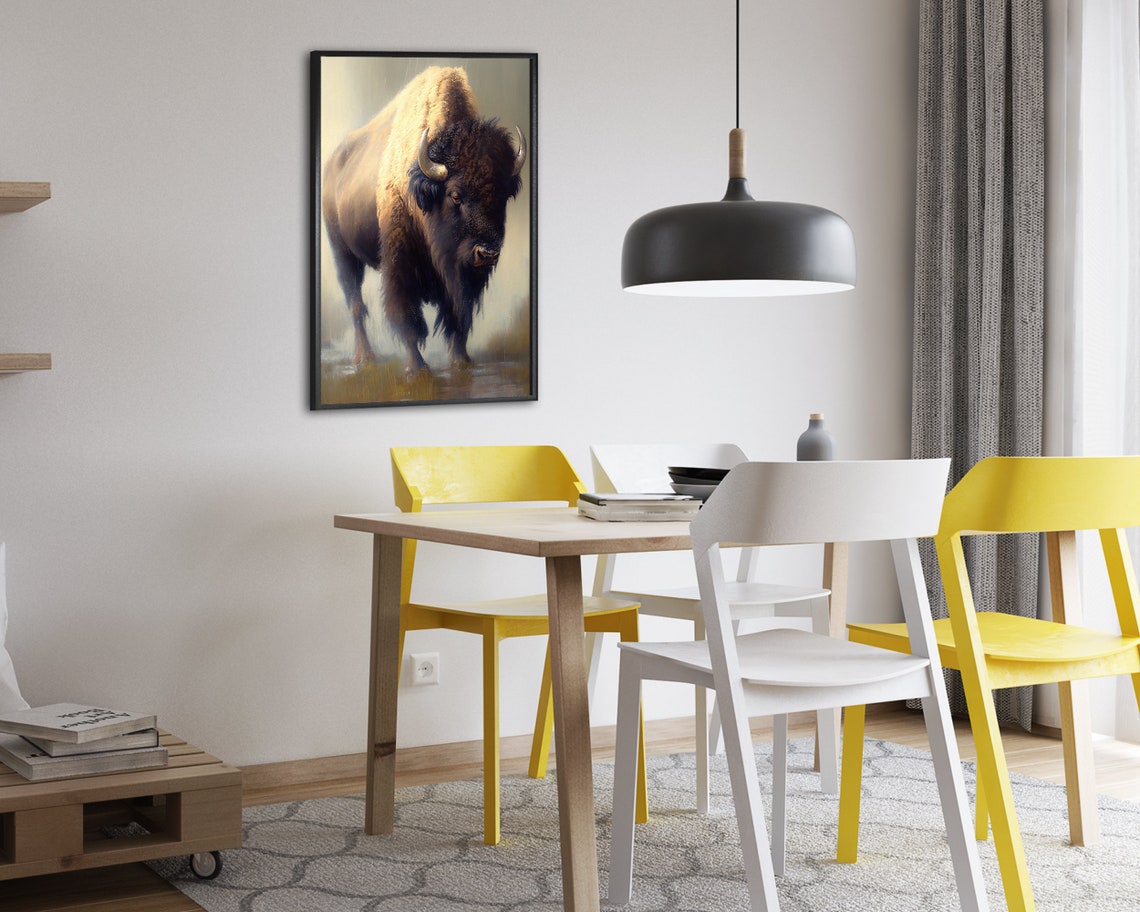 Powerful Bison Striding Through Shallow Water Oil Painting Poster - Image 2