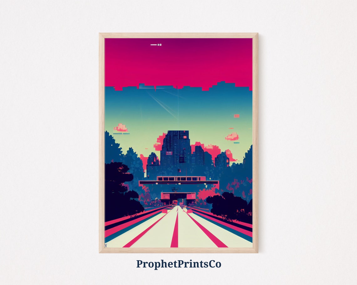 Retro Synthwave Road to City Magenta Sunset Pixel Art Poster