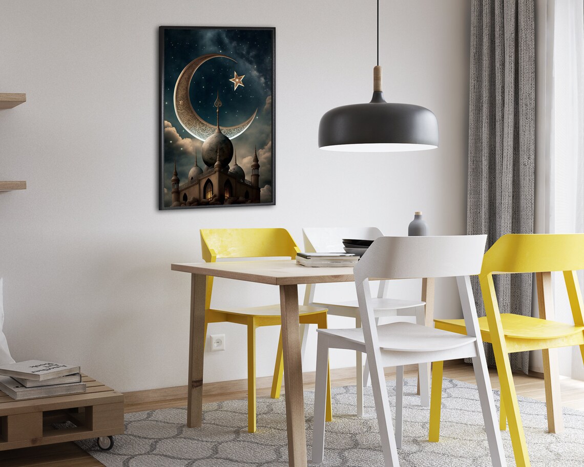 Golden Engraved Crescent Moon and Star Over Mosque Domes Art Poster - Image 2