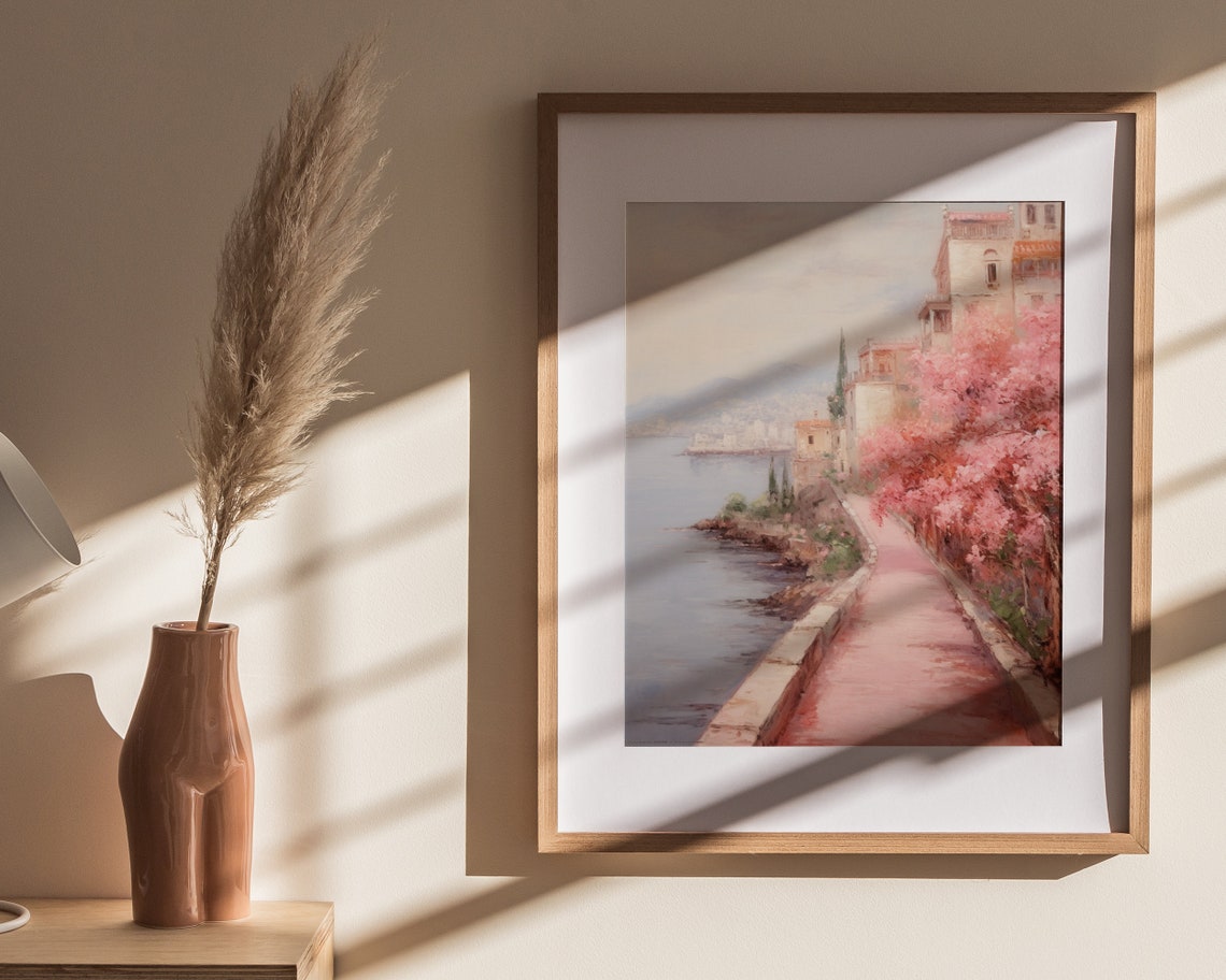 Pink Blossom Seaside Path Whitewashed Village Painting Poster - Image 4