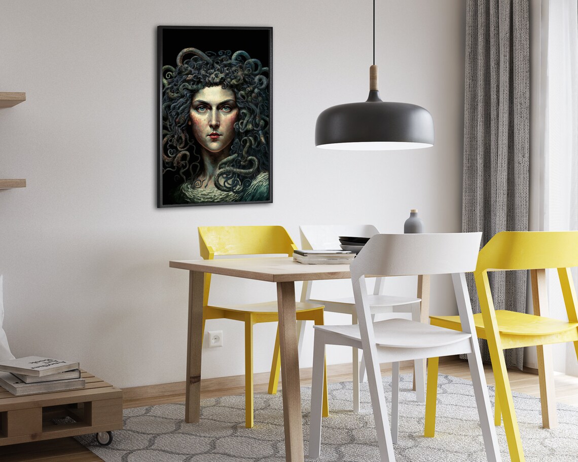Medusa Front Portrait With Teal Snake Hair On Black Art Poster - Image 2