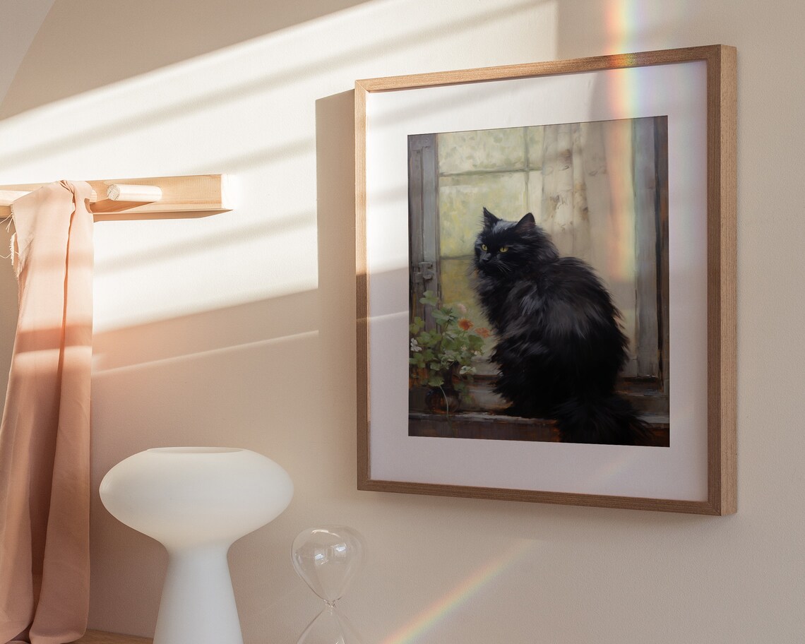 Black Cat Beside Bright Potted Flowers In Sunlit Window Art Poster - Image 3