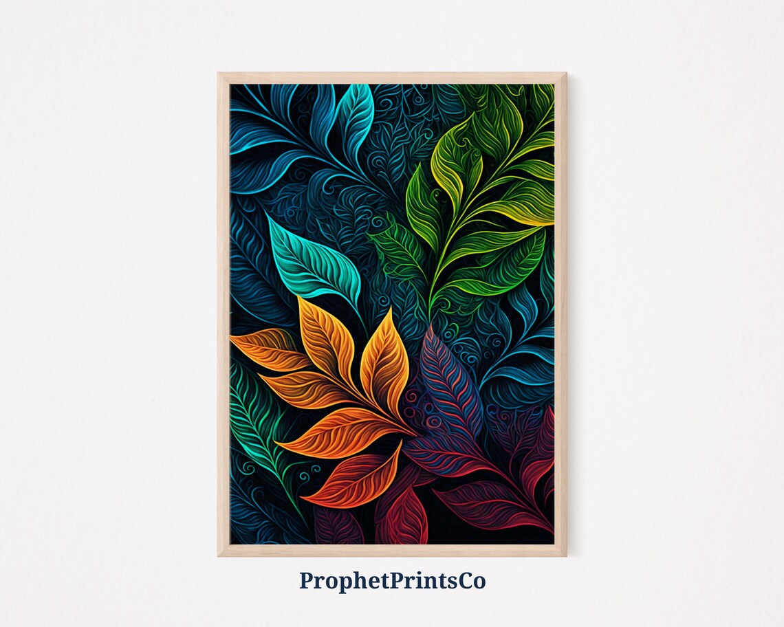 Glowing Neon Tropical Leaves on Black Vibrant Botanical Art Poster