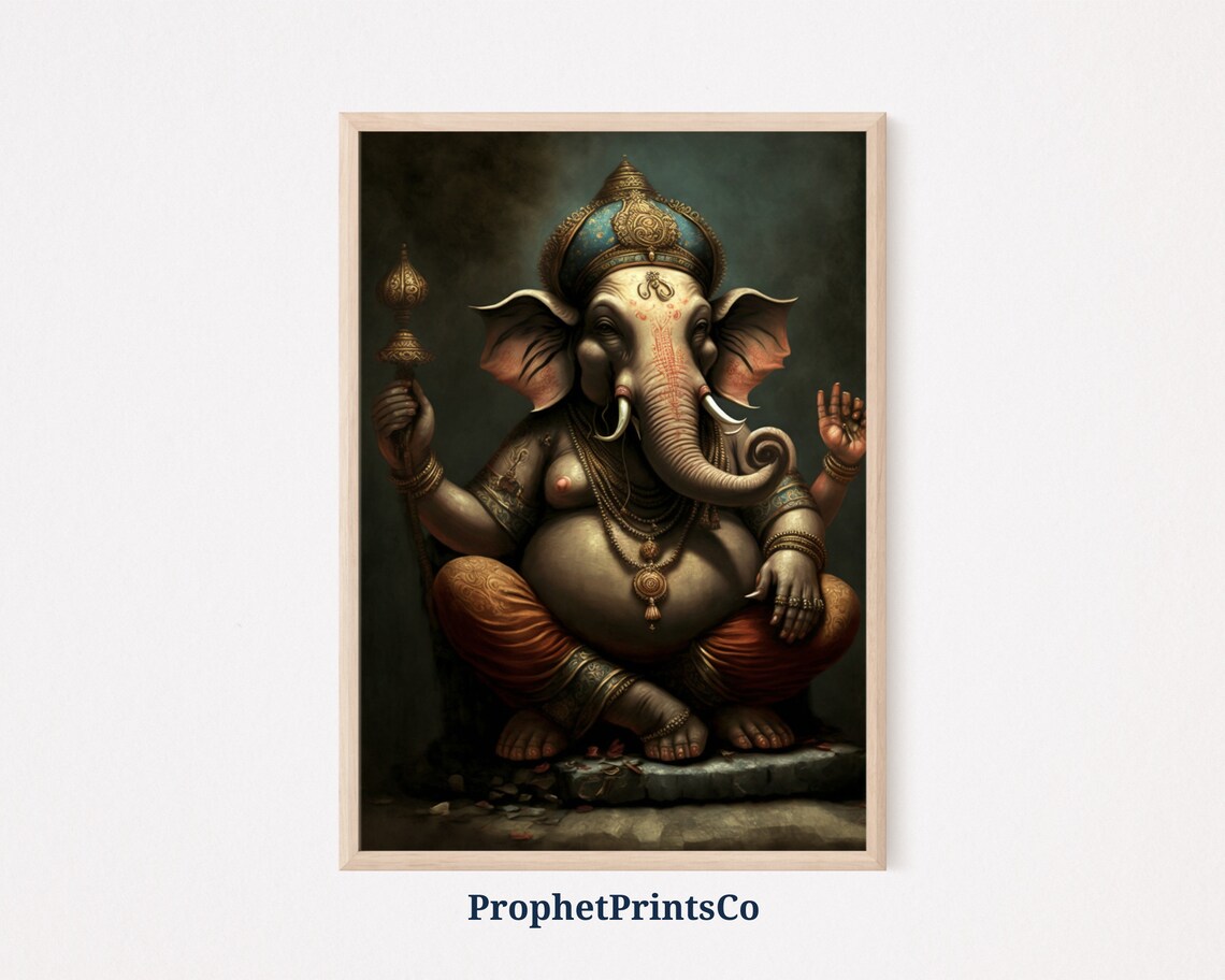 Lord Ganesh Oil Painting Dark Seated Elephant God Hindu Art Poster