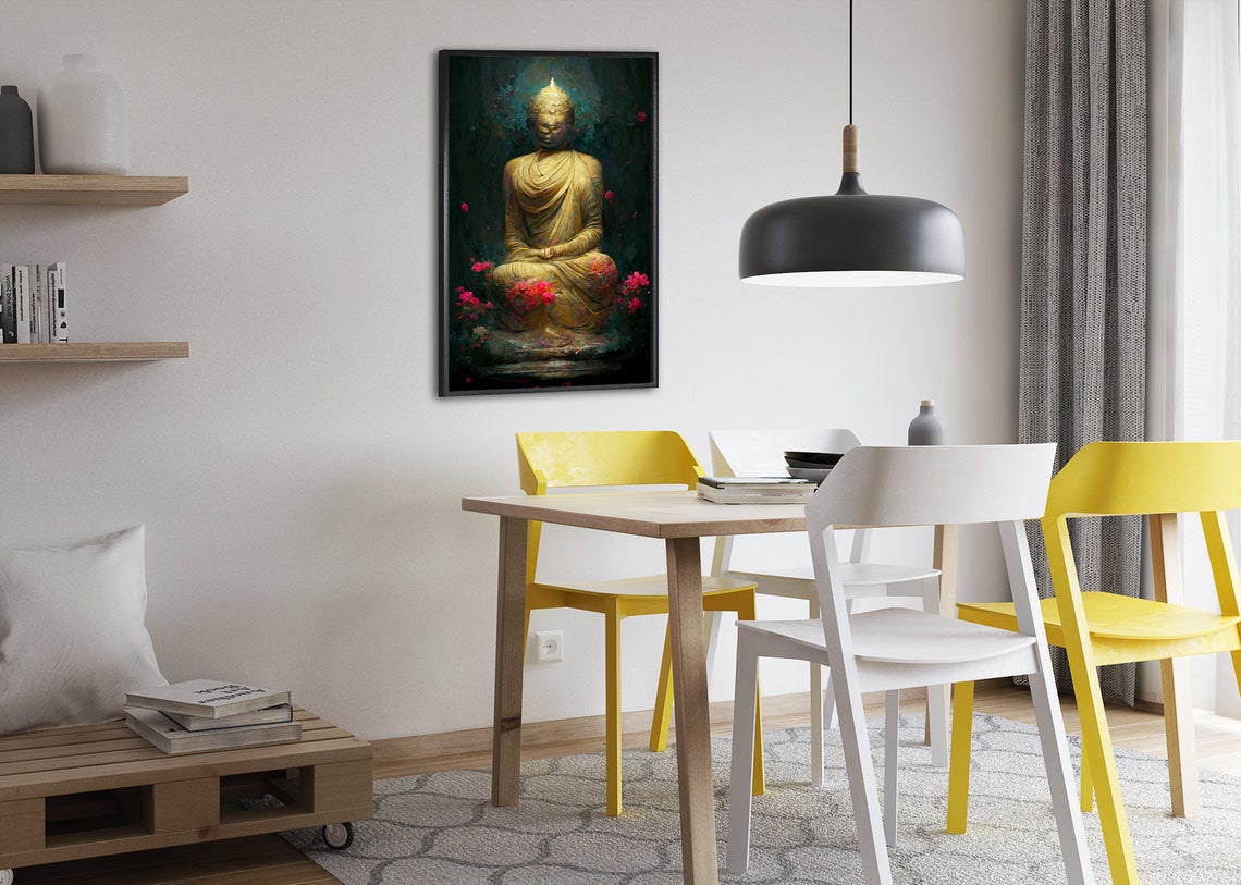 Golden Buddha Zen Statue Meditating Among Pink Blossoms Poster - Image 2