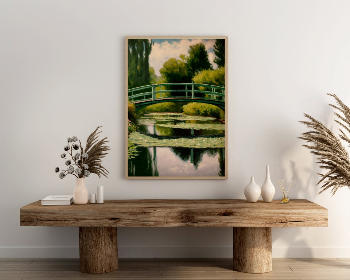 Green Garden Footbridge Reflected in a Calm Water Lily Pond Art Poster - Image 3