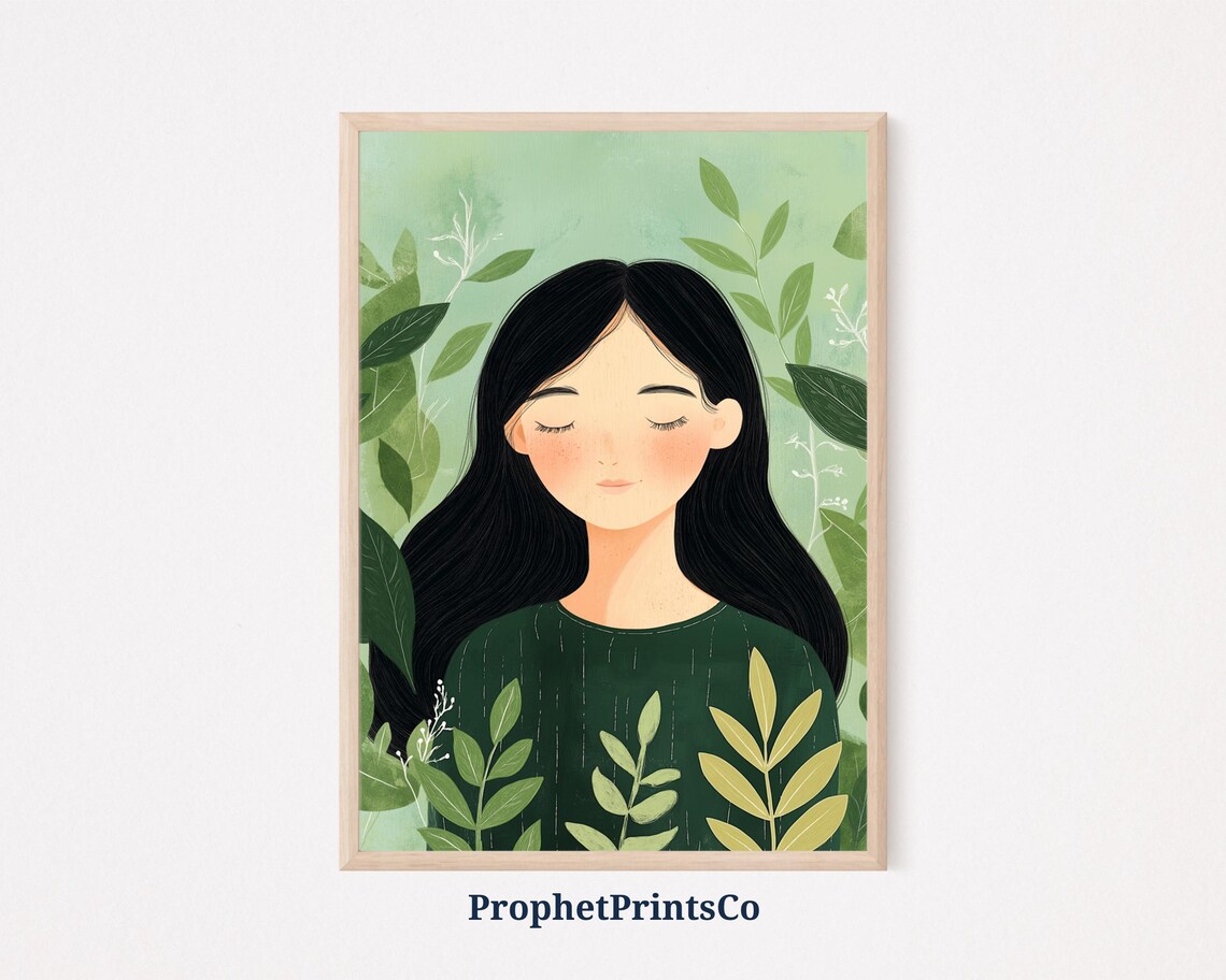 Serene Girl With Green Leaves Botanical Portrait Calm Nature Poster