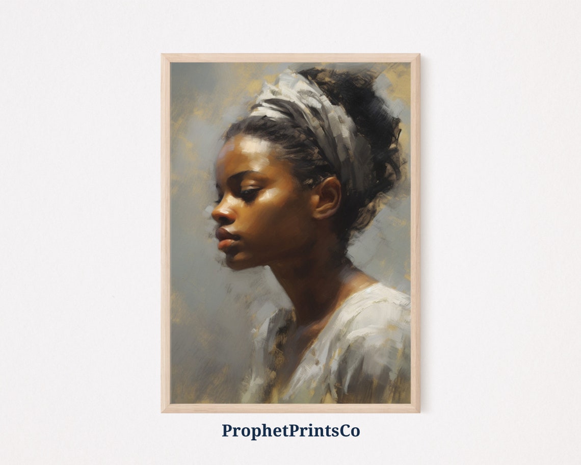 Black Woman Profile Silver Headband Soft Glow Oil Painting Poster