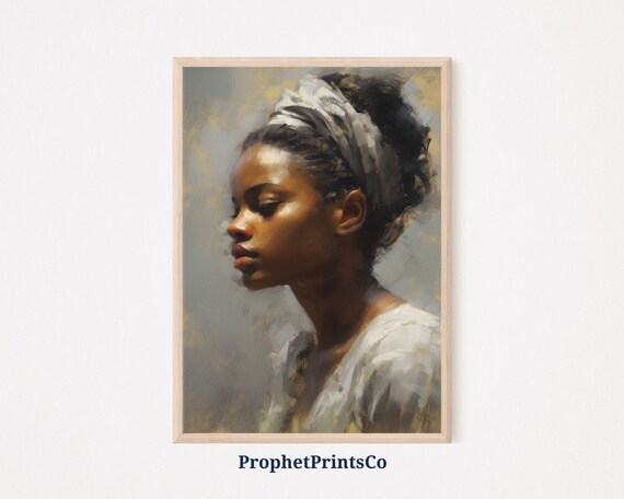 Black Woman Profile Silver Headband Soft Glow Oil Painting Poster
