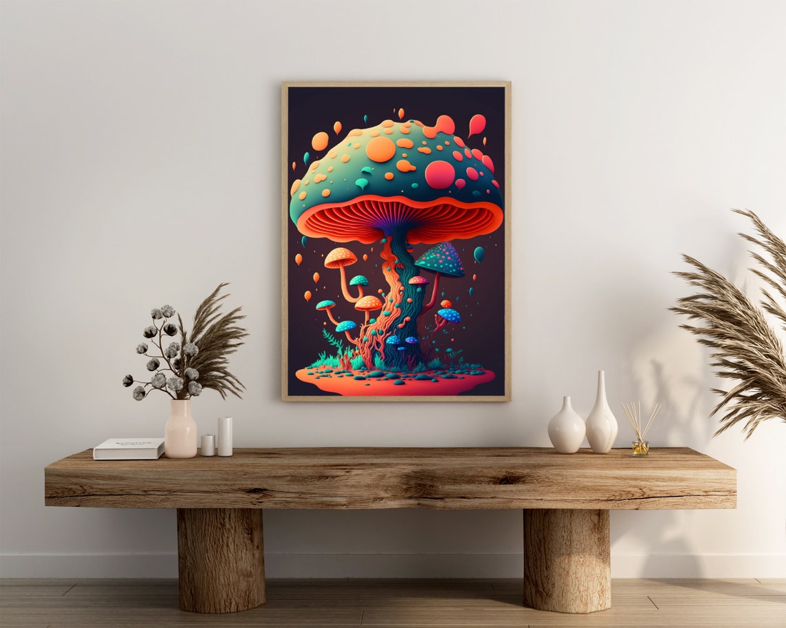 Colorful Trippy Mushroom With Teal Cap And Red Gills Surreal Poster - Image 3
