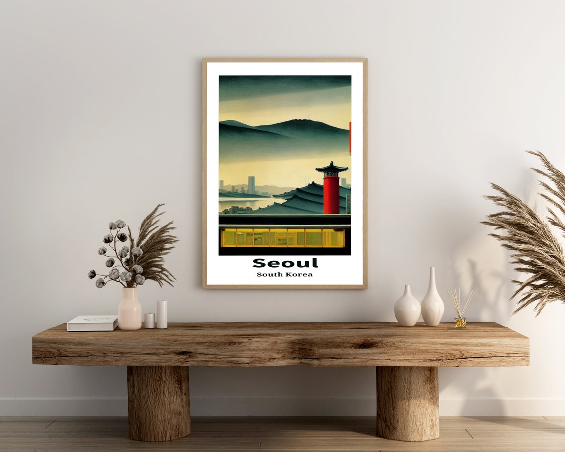 Seoul South Korea Temple Rooftop Mountain View Travel Poster - Image 3