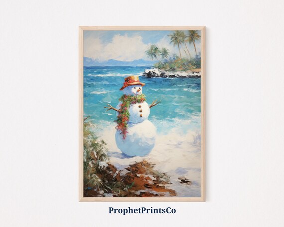 Snowman on Tropical Beach with Lei Vintage Hawaiian Christmas Painting Poster