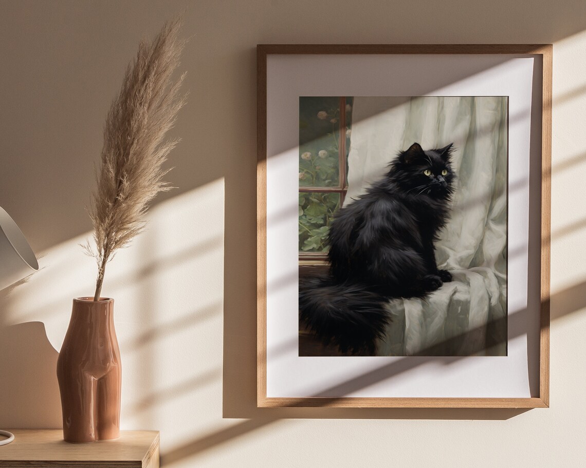 Black Cat Sitting By Sunlit Window Vintage Oil Painting Poster - Image 4