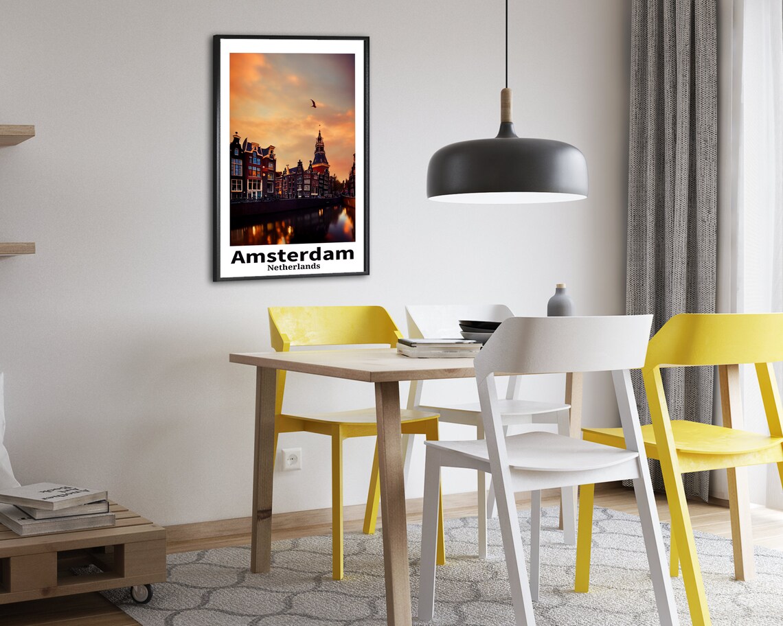 Amsterdam Canal at Sunset Historic Tower Bird Netherlands Art Poster - Image 2