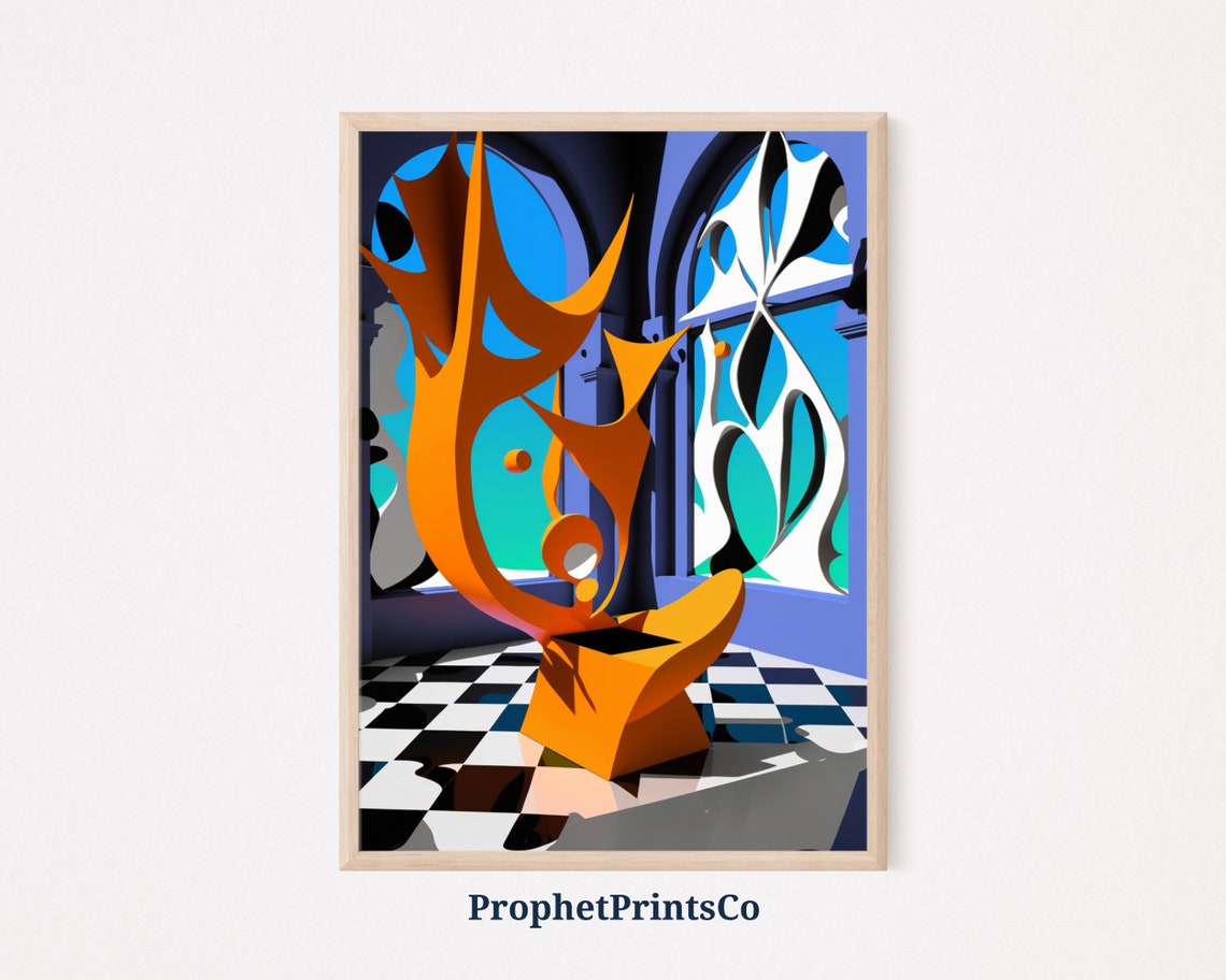 Retro 80s Sculpture Poster Orange Abstract Form on Checkered Floor