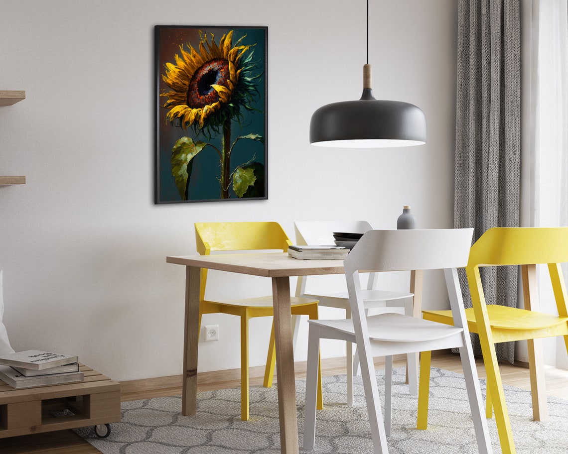 Sunflower Oil Painting Poster Dramatic Dark Center on Teal Background - Image 2